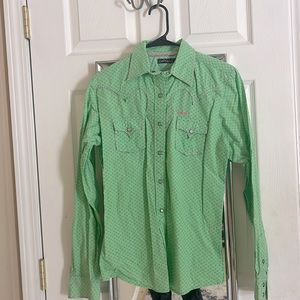 Mint colored, women’s large pearl snap button down